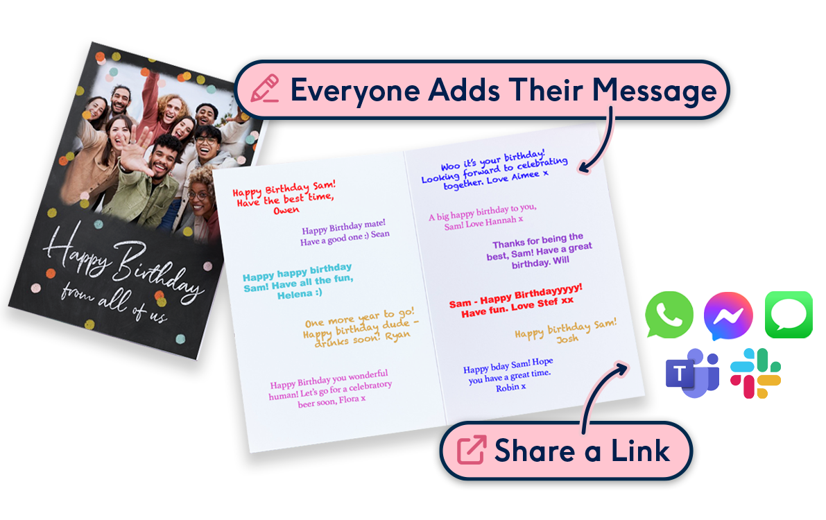 Een groepswenskaart met verschillende berichtjes. Aan de zijkant van de kaart twee uitgelichte berichtjes en de tekst 'nieuw'.